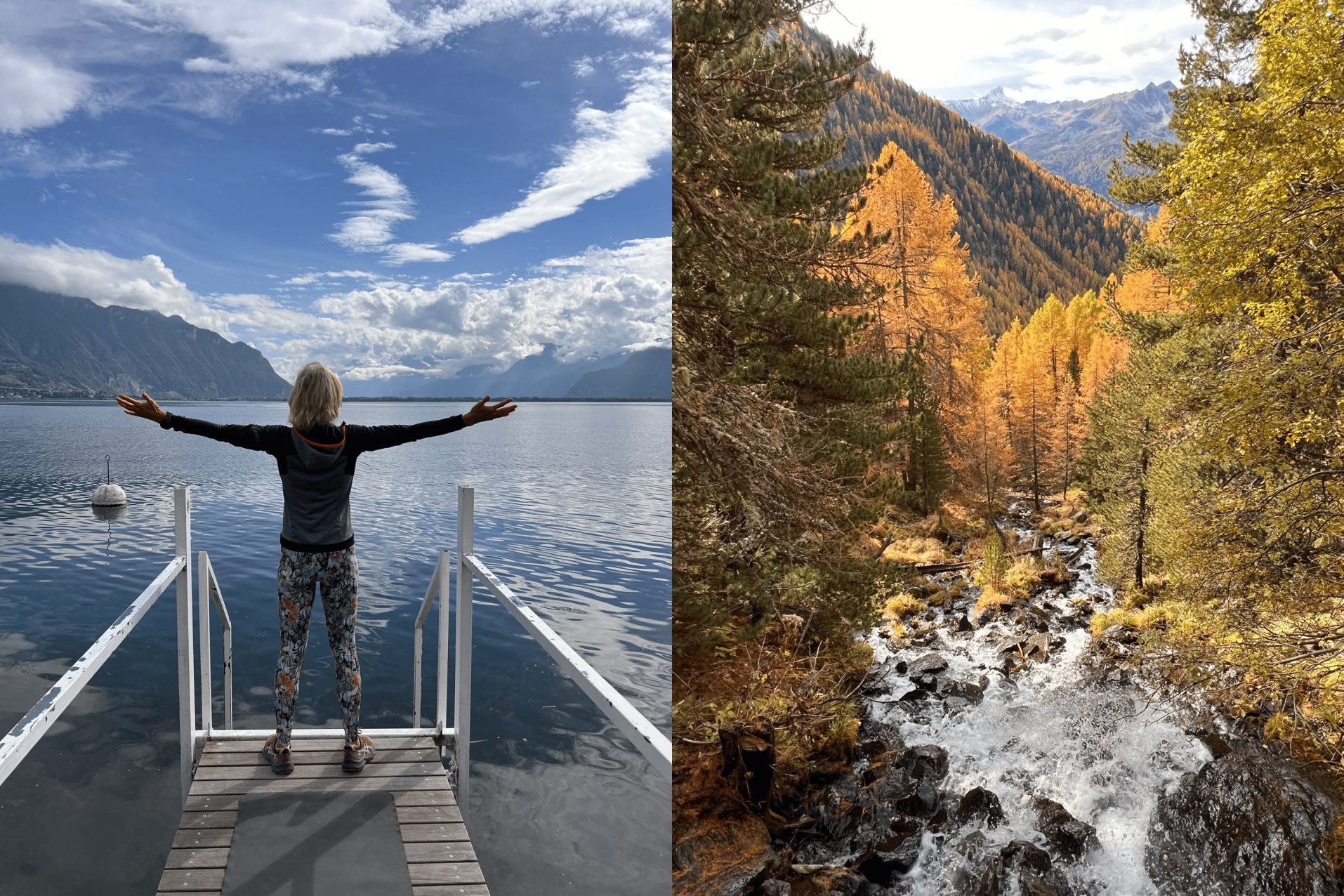 Deux photos côte à côte : une personne de dos, bras ouverts, sur un ponton face à un lac ; un torrent entre des mélèzes dorés