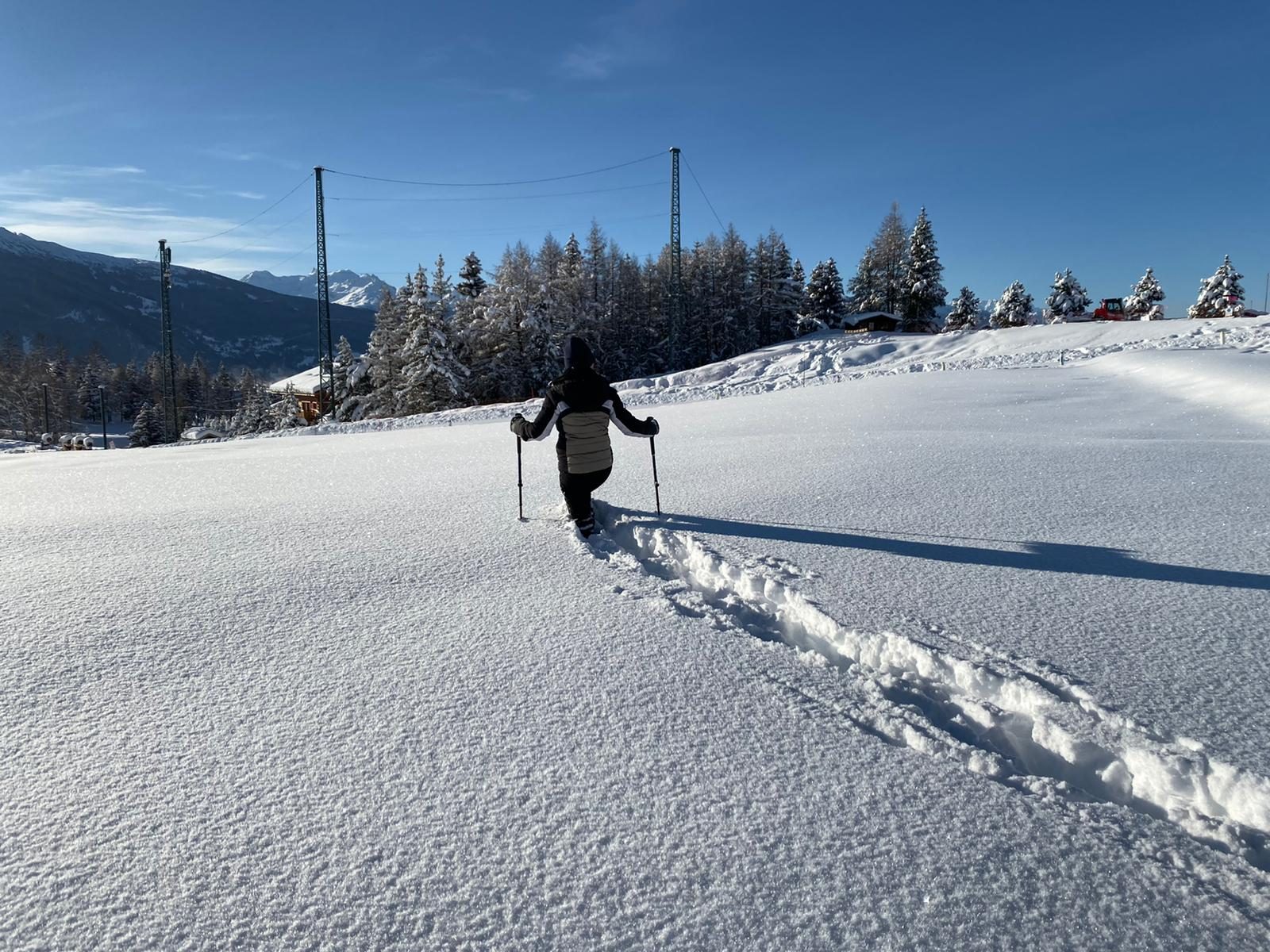 Une personne marche avec des bâtons en traçant son chemin dans la neige fraîche, sous un ciel bleu